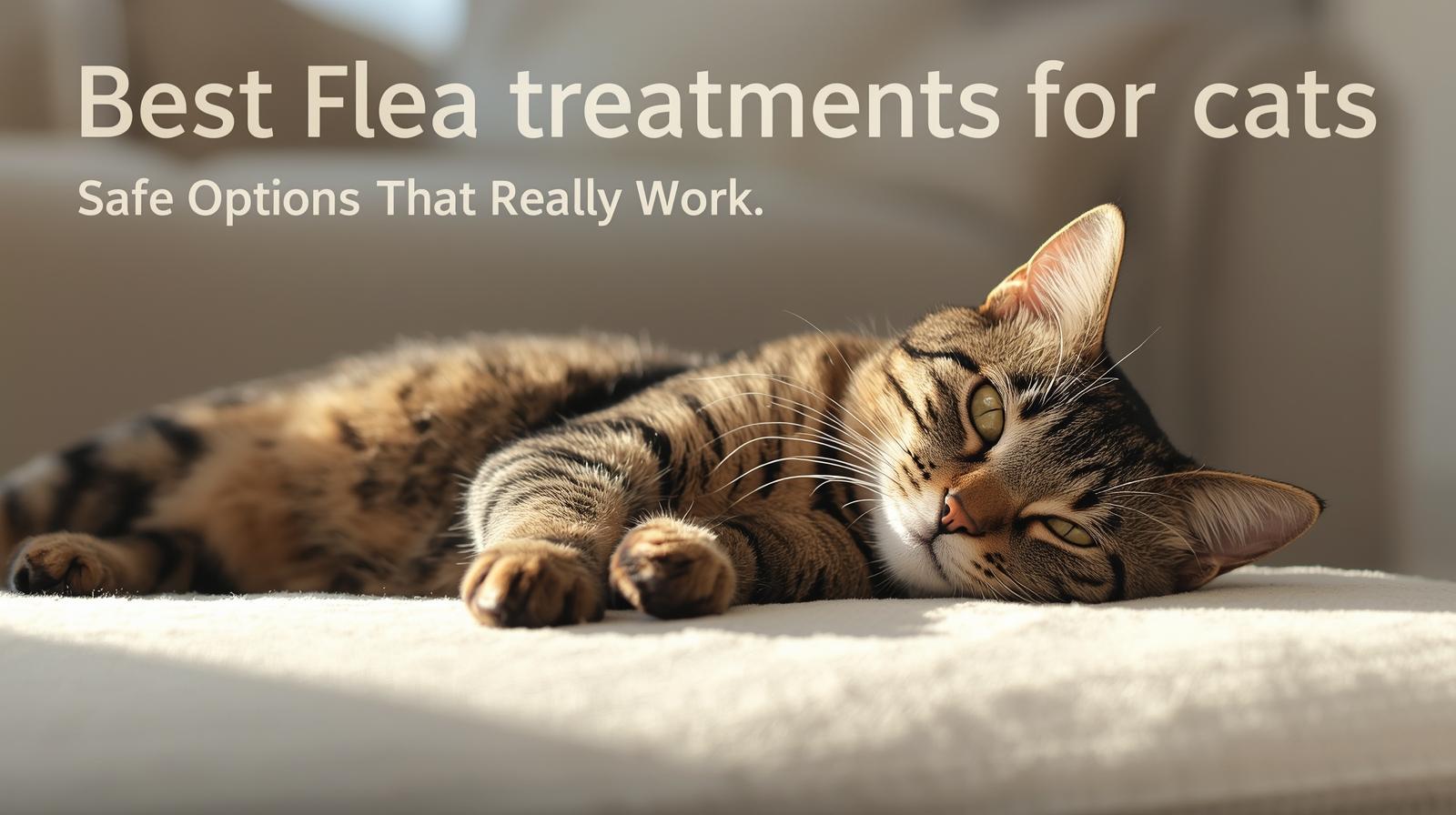 Tabby cat resting comfortably after safe flea treatment at home
